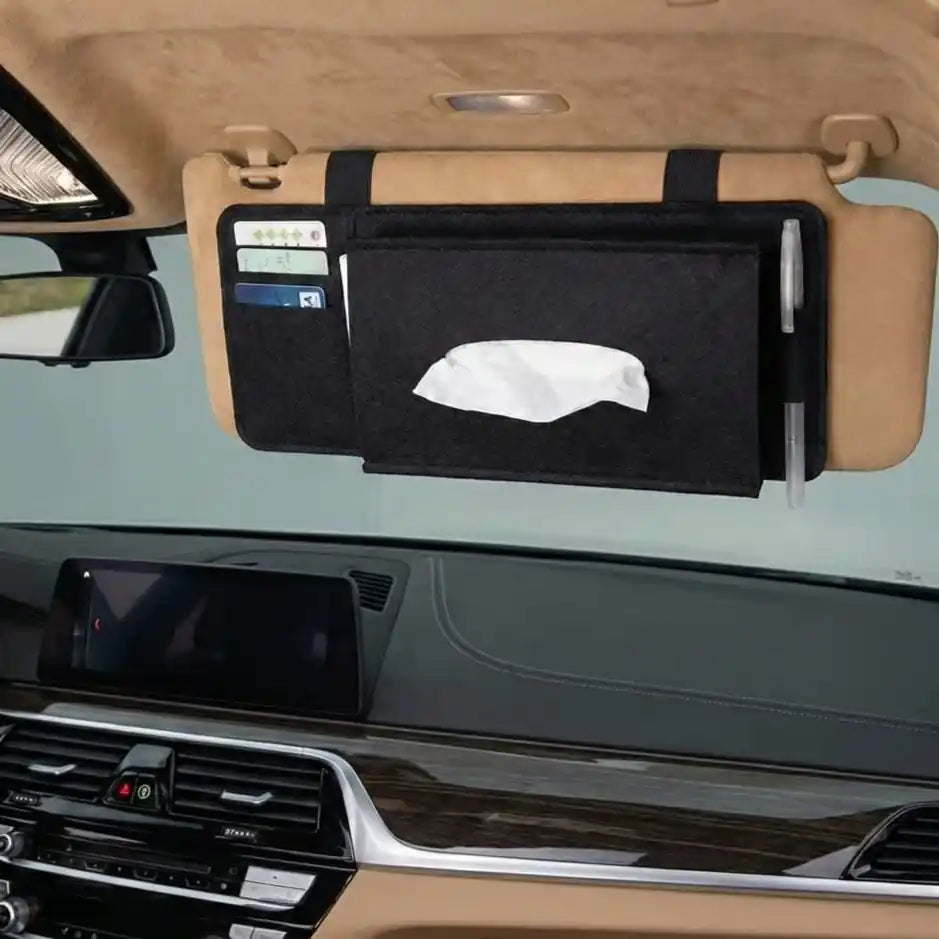 Car Sun Visor Organizer with Tissue Holder, Card Slots & Pen Clip