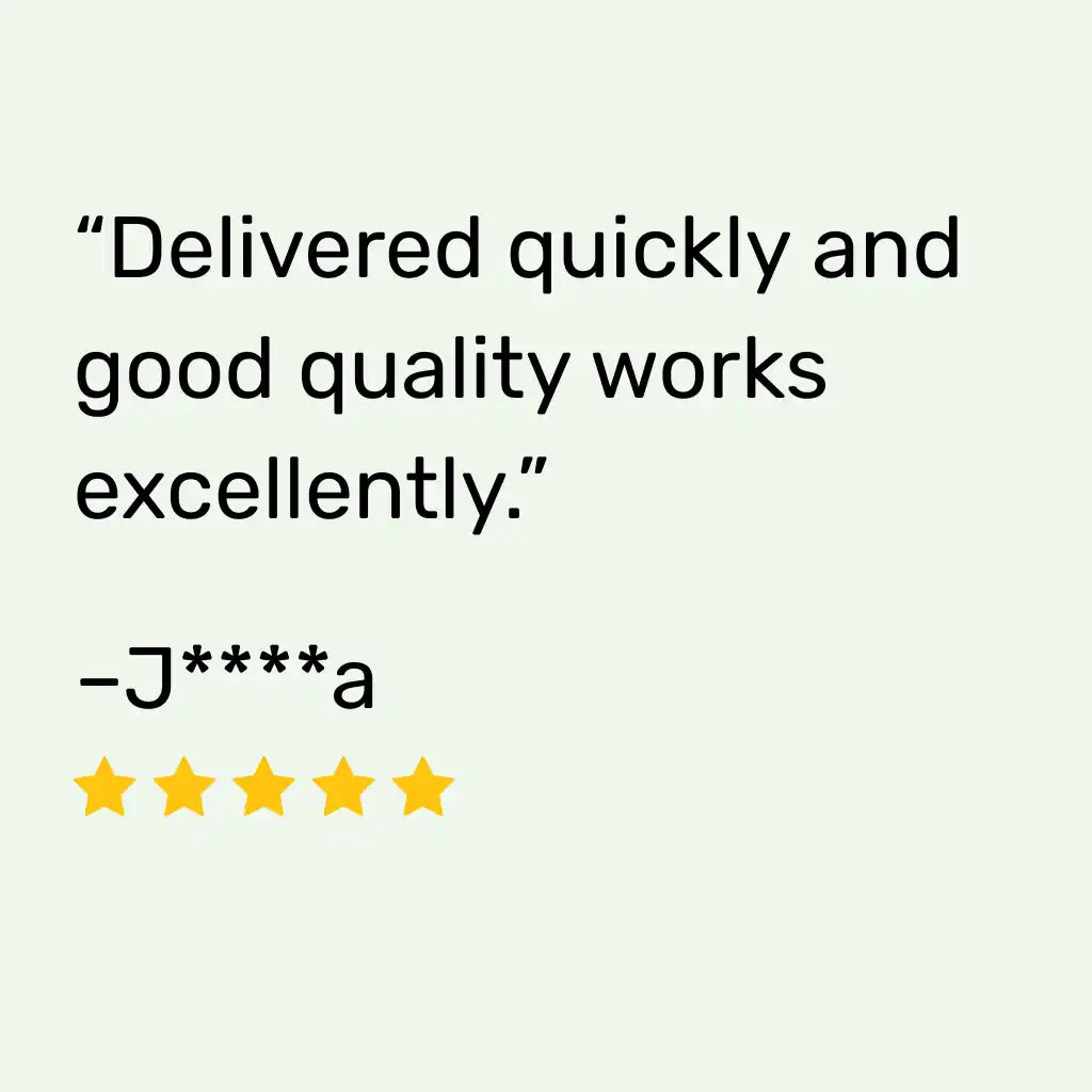  review card with the quote “Delivered quickly and good quality works excellently.”, the masked name “J**a,” and five yellow stars.