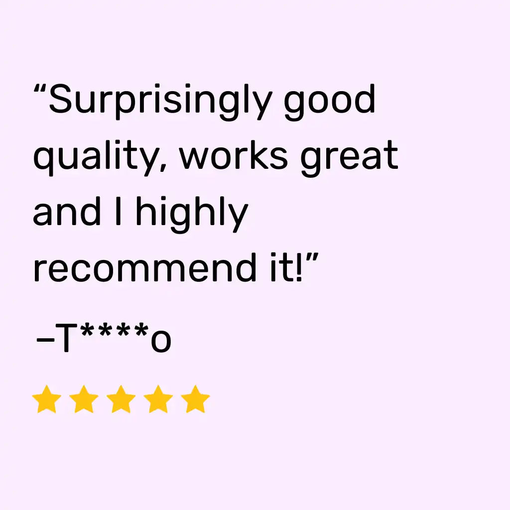 Light purple graphic with a review quote praising the quality and recommending it, plus the masked name “T**o” and five yellow stars.