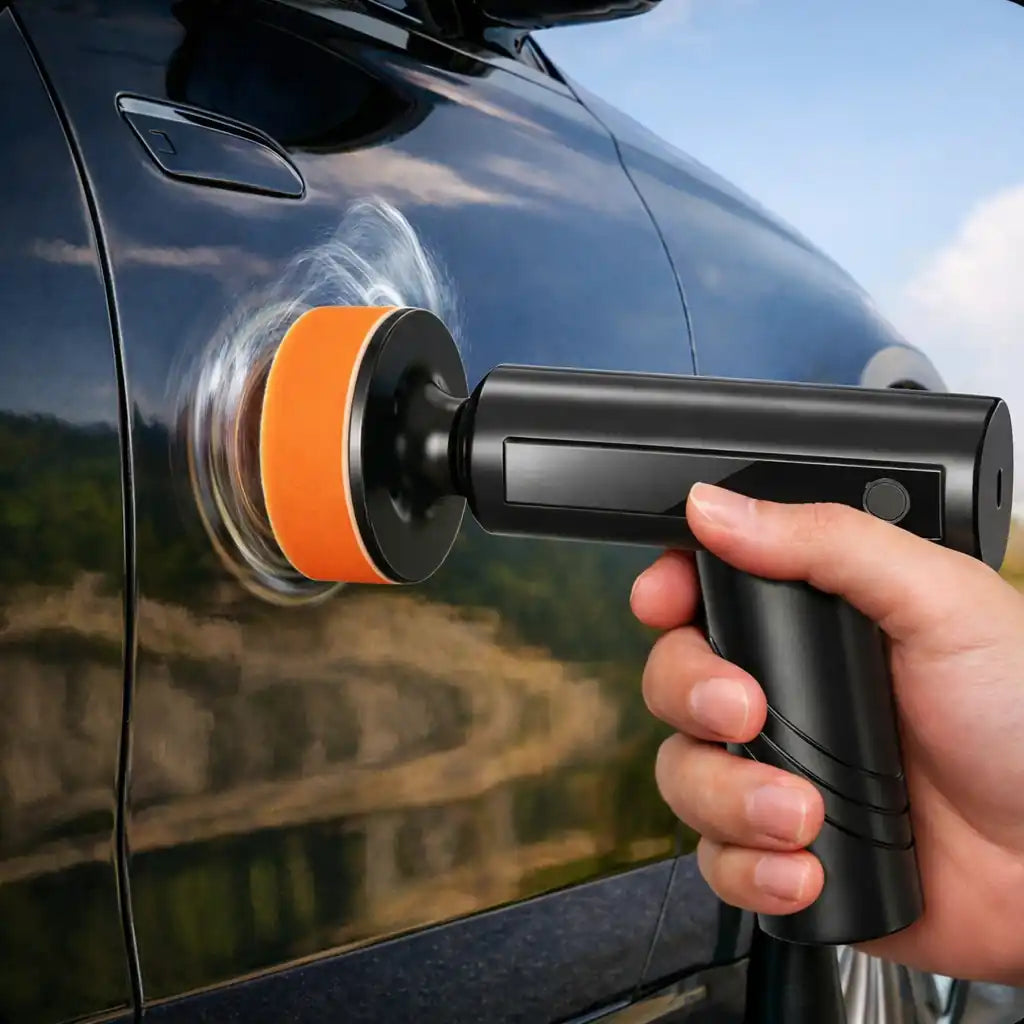 Detailing a vehicle with a portable electric car polishing machine to restore paint shine.
