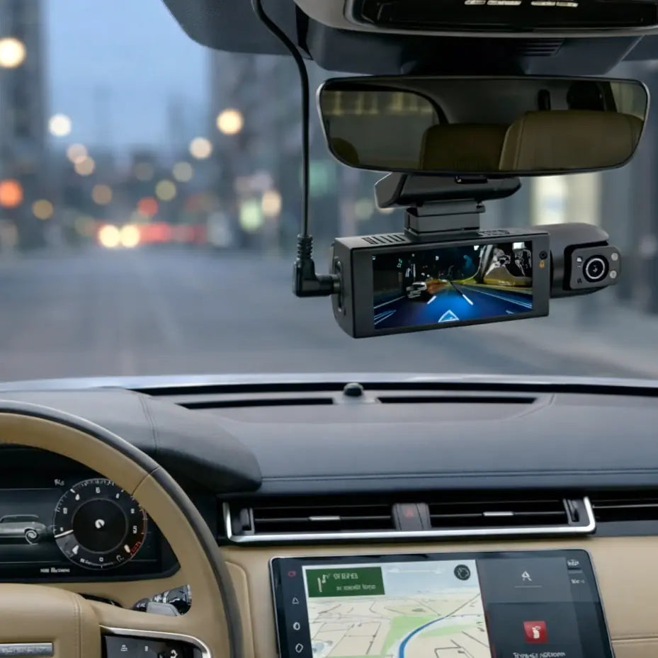High-quality dual-lens dash cam mounted under a rearview mirror, displaying clear night vision footage of a city street.