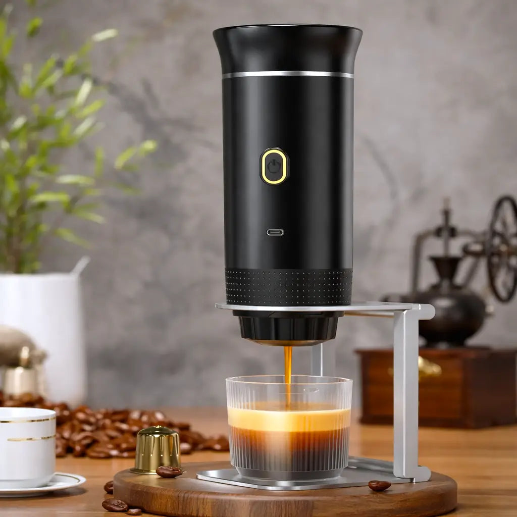 Road-trip espresso: a compact black brewer pours coffee into a small glass.