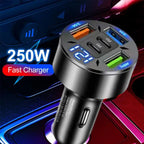 Car charger with multiple ports and digital display on a car dashboard background