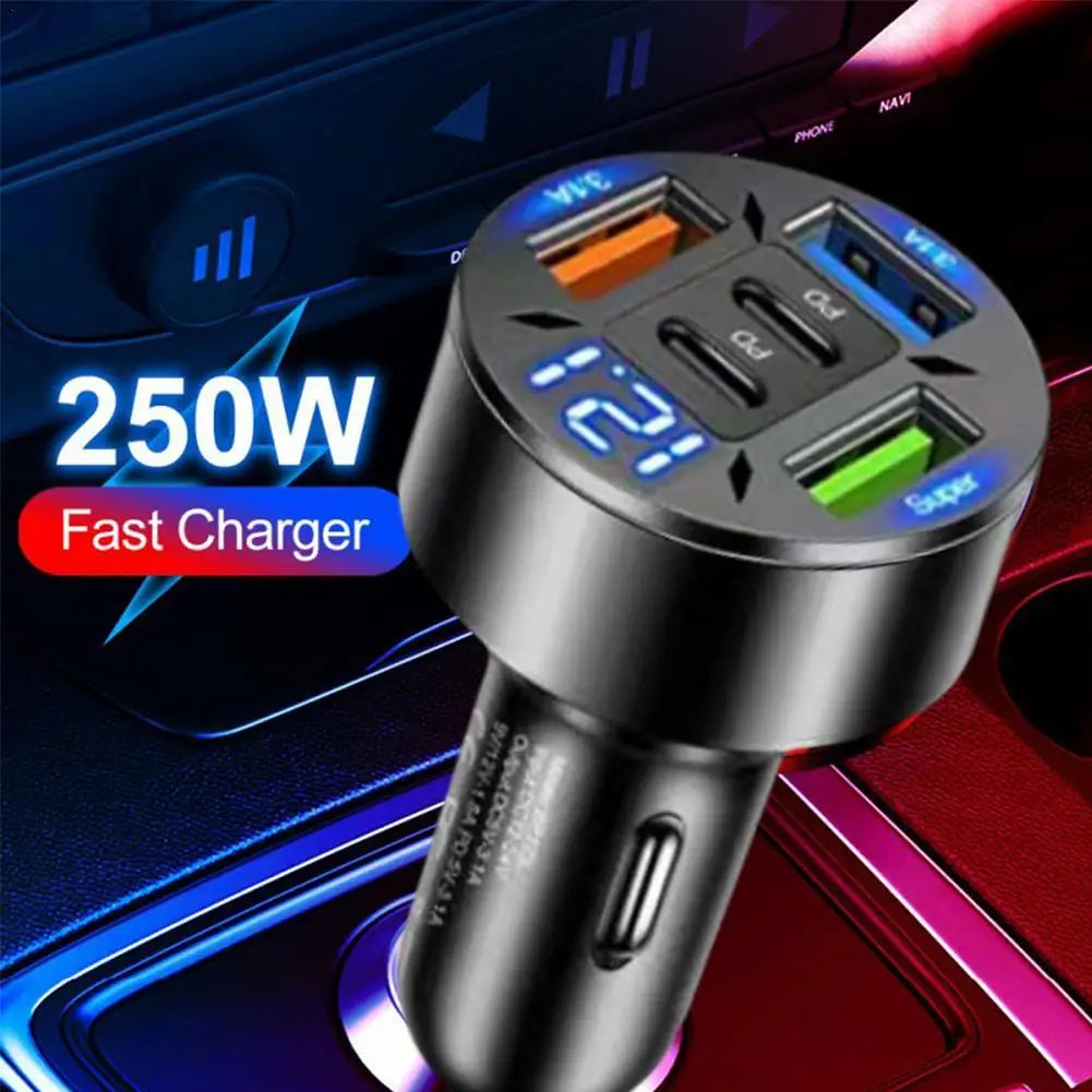 Car charger with multiple ports and digital display on a car dashboard background