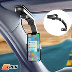Car phone holder mounted on a car's sun visor with a close-up inset showing the arm mechanism.