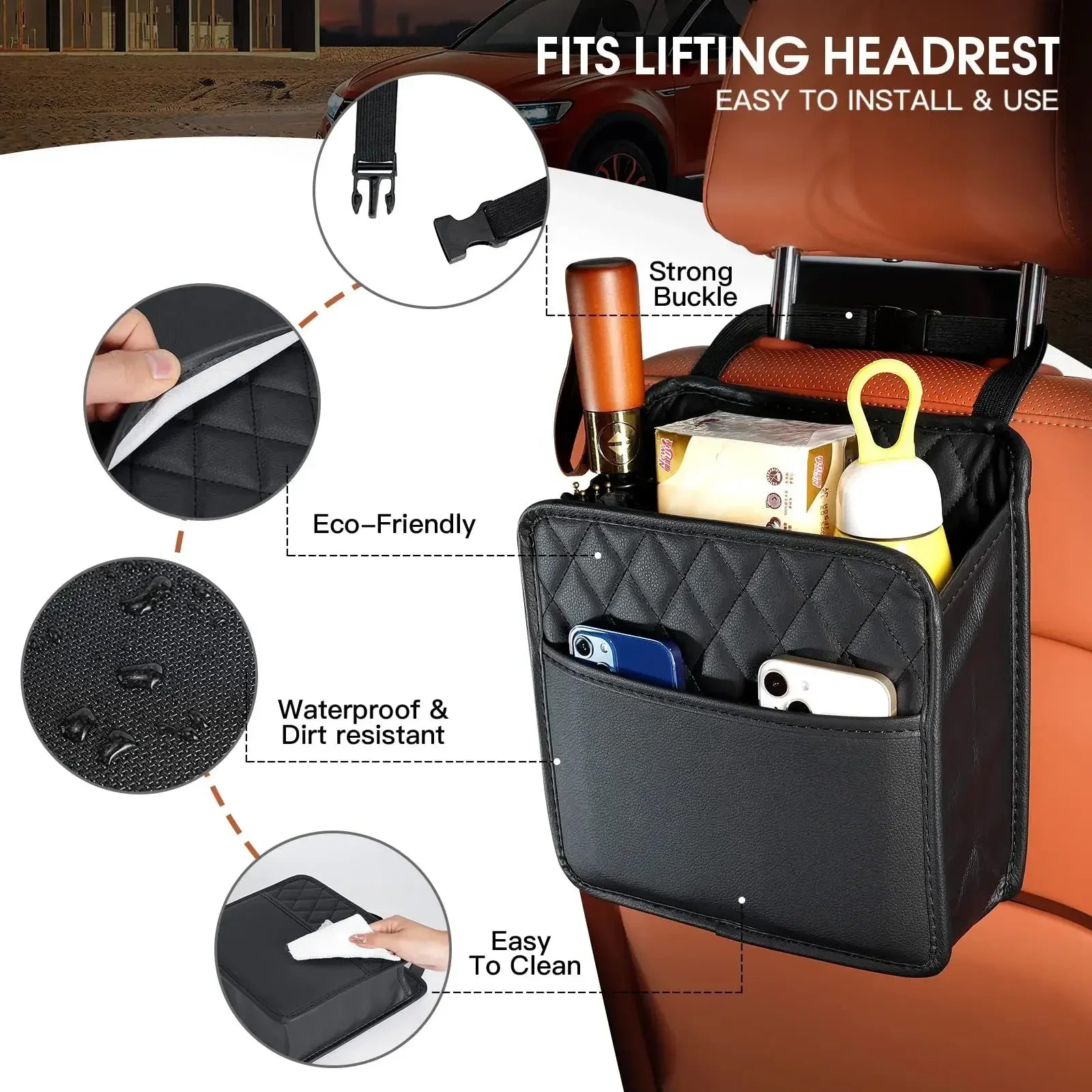 Leather Hanging Headrest Car Seat Organizer