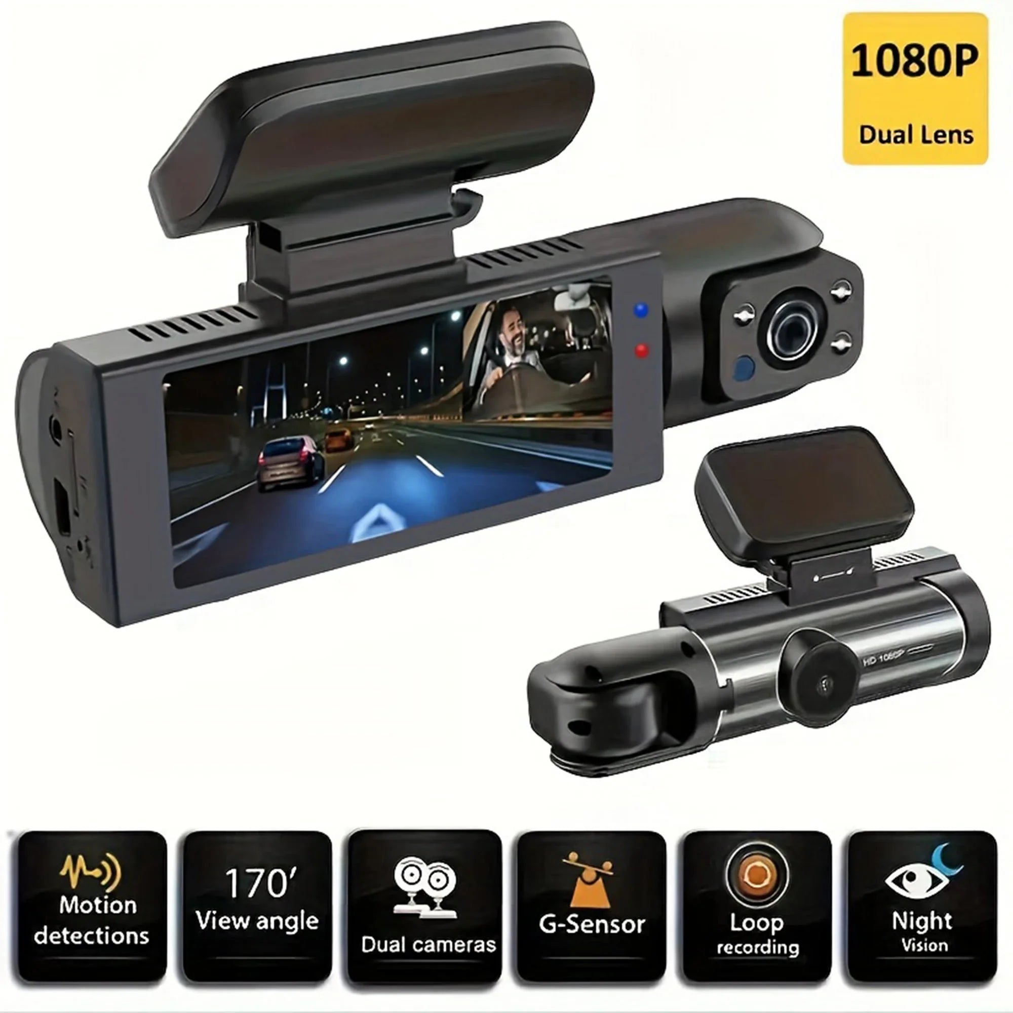 Dual Lens FHD Dash Cam Cabin View Night Vision Recorder
