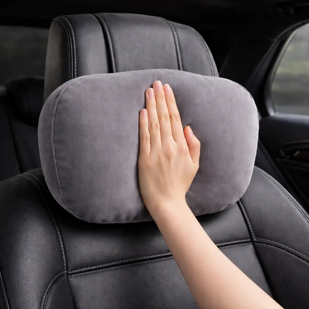 Gray car headrest pillow being held by a hand on a black car seat.