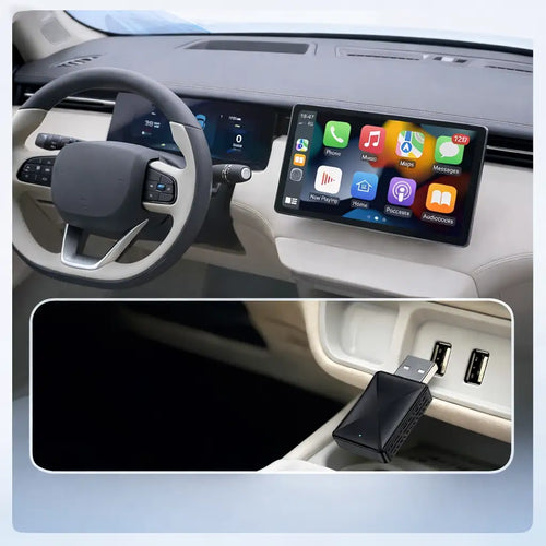 Car interior with touchscreen display and USB adapter