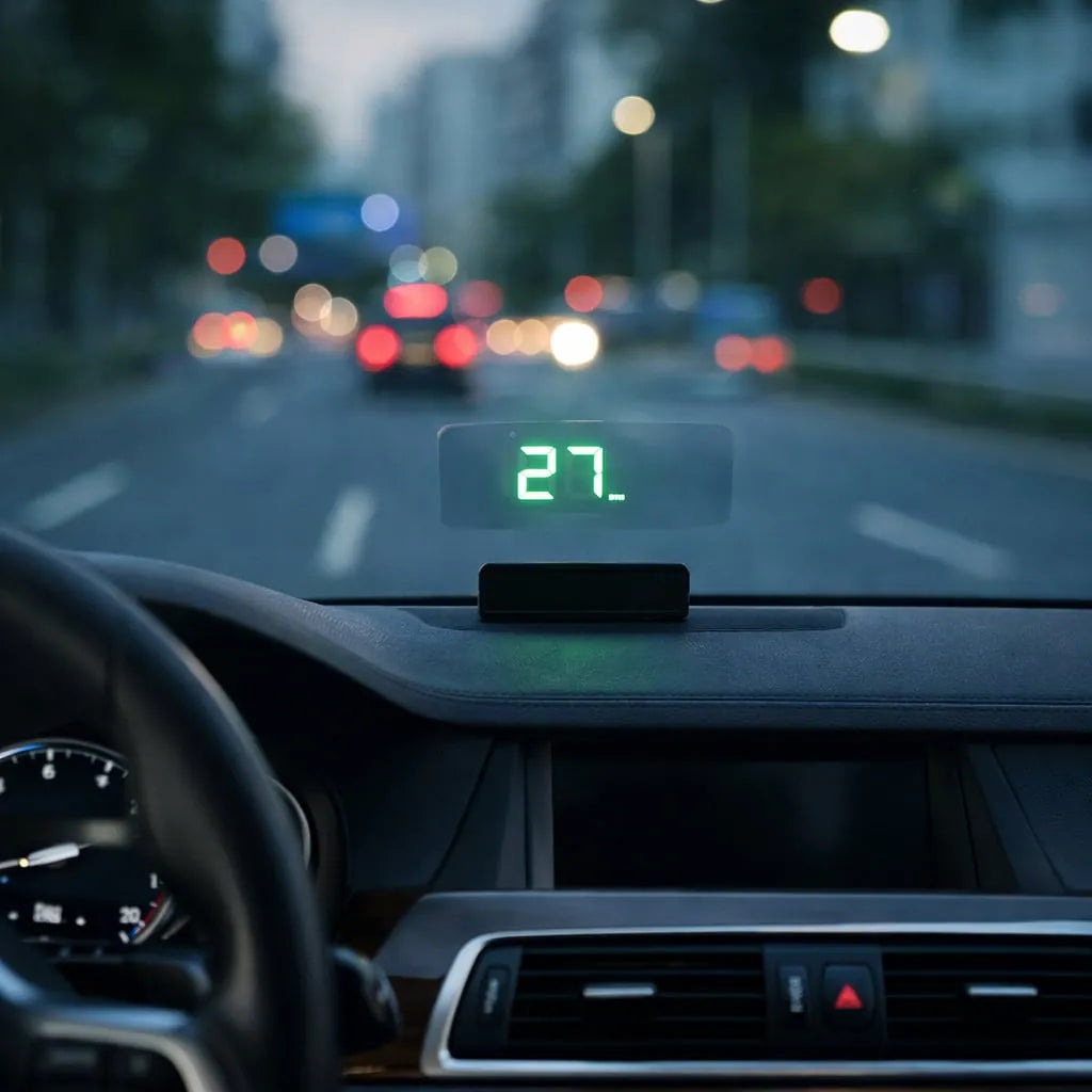 Car HUD head-up display projects a digital speedometer on the windshield