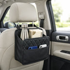Car back seat organizer with items inside in a vehicle