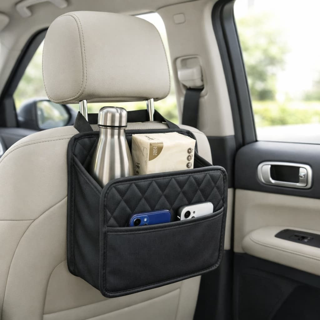 Car back seat organizer with items inside in a vehicle